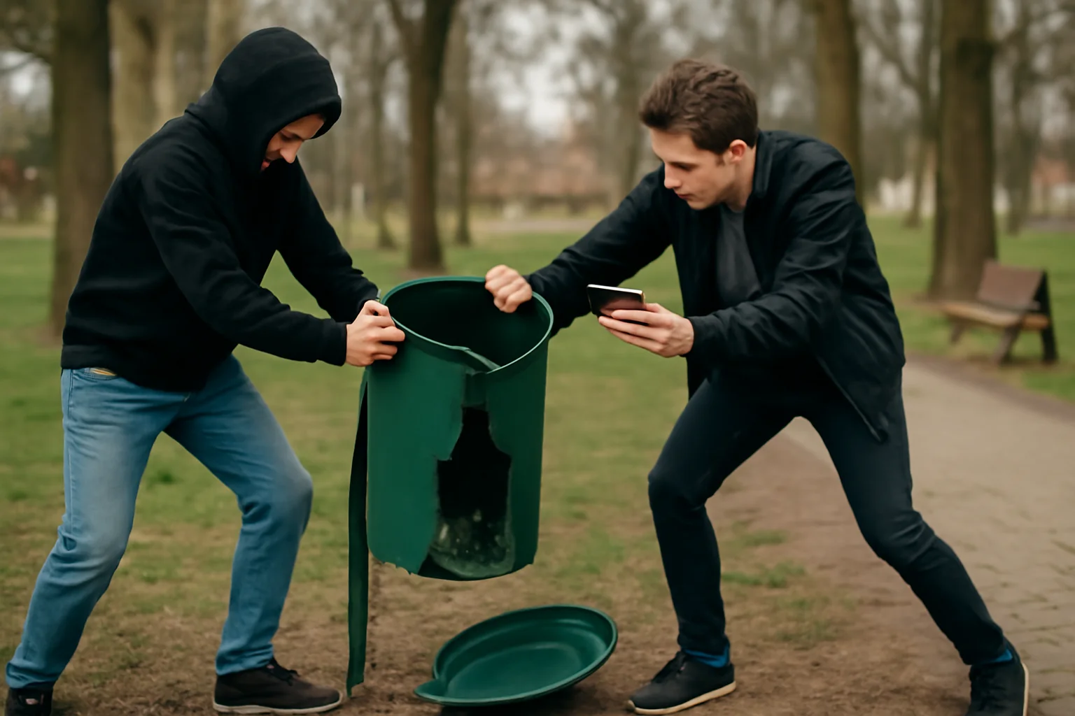 Doi adolescenți surprinși distrugând coșurile de gunoi din parcul unui sat din comuna Batăr și lăudându-se pe rețelele sociale